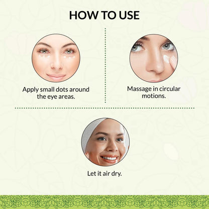 Instructions on how to use a product around eye areas with a woman's face shown.
