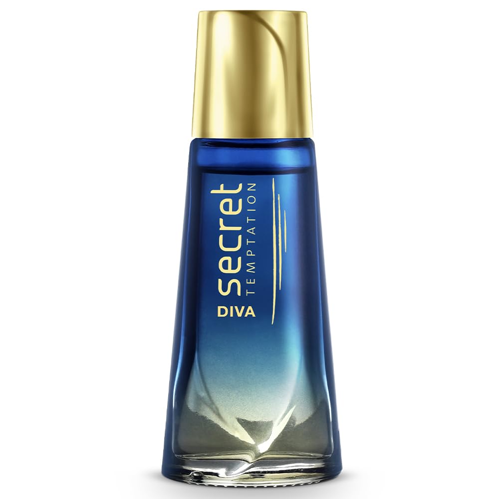 Blue perfume bottle with gold cap on a white background