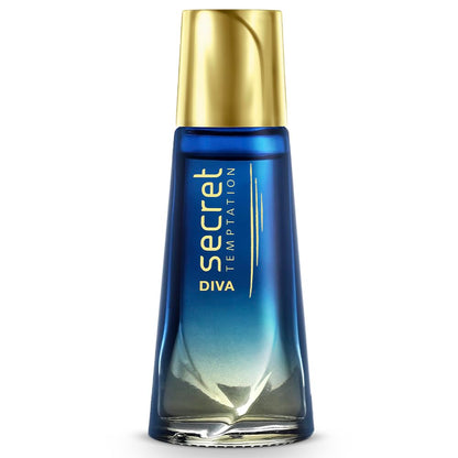 Blue perfume bottle with gold cap on a white background