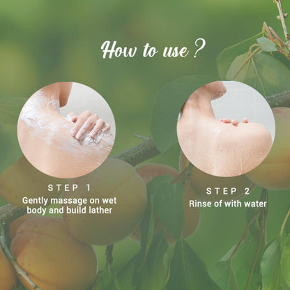 Instructions on how to use a product with images of hands and text, set against a natural background with fruits.