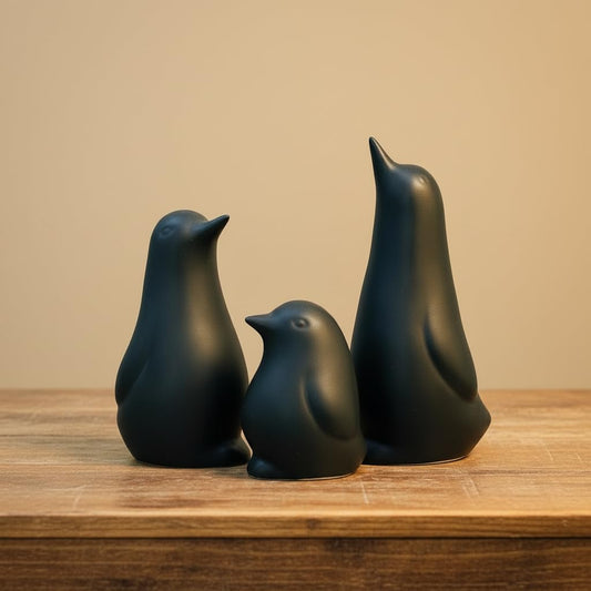 Ceramic Penguin Family Figurine - Set of 3 | Black Penguin Figurines for Home Decor | Modern Nordic Tabletop Accent for Living Room, Bedroom, Office Desk & Shelves | Gift for Housewarming