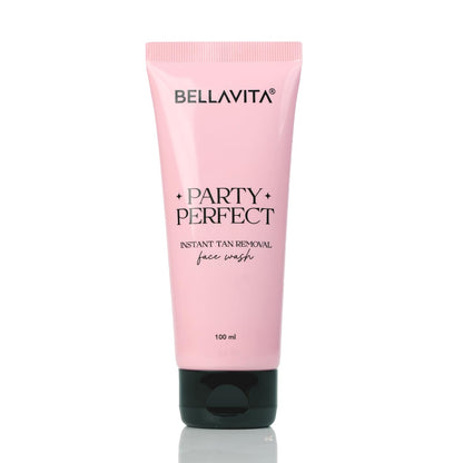 Pink tube of Bellavita Party Perfect instant tan removal face wash on a white background