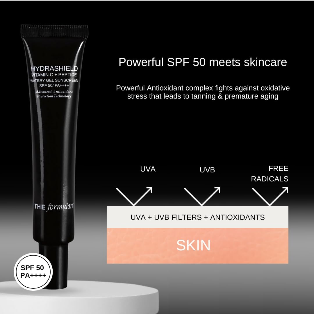 The Formularx Hydrashield Sunscreen SPF 50 PA++++ with Vitamin C & Peptide | For Oily, Acne, & Fungal Acne Prone Skin | Broad Spectrum UV & Blue Light Protection | Lightweight, No White Cast, Water & Sweat Resistant | 50g