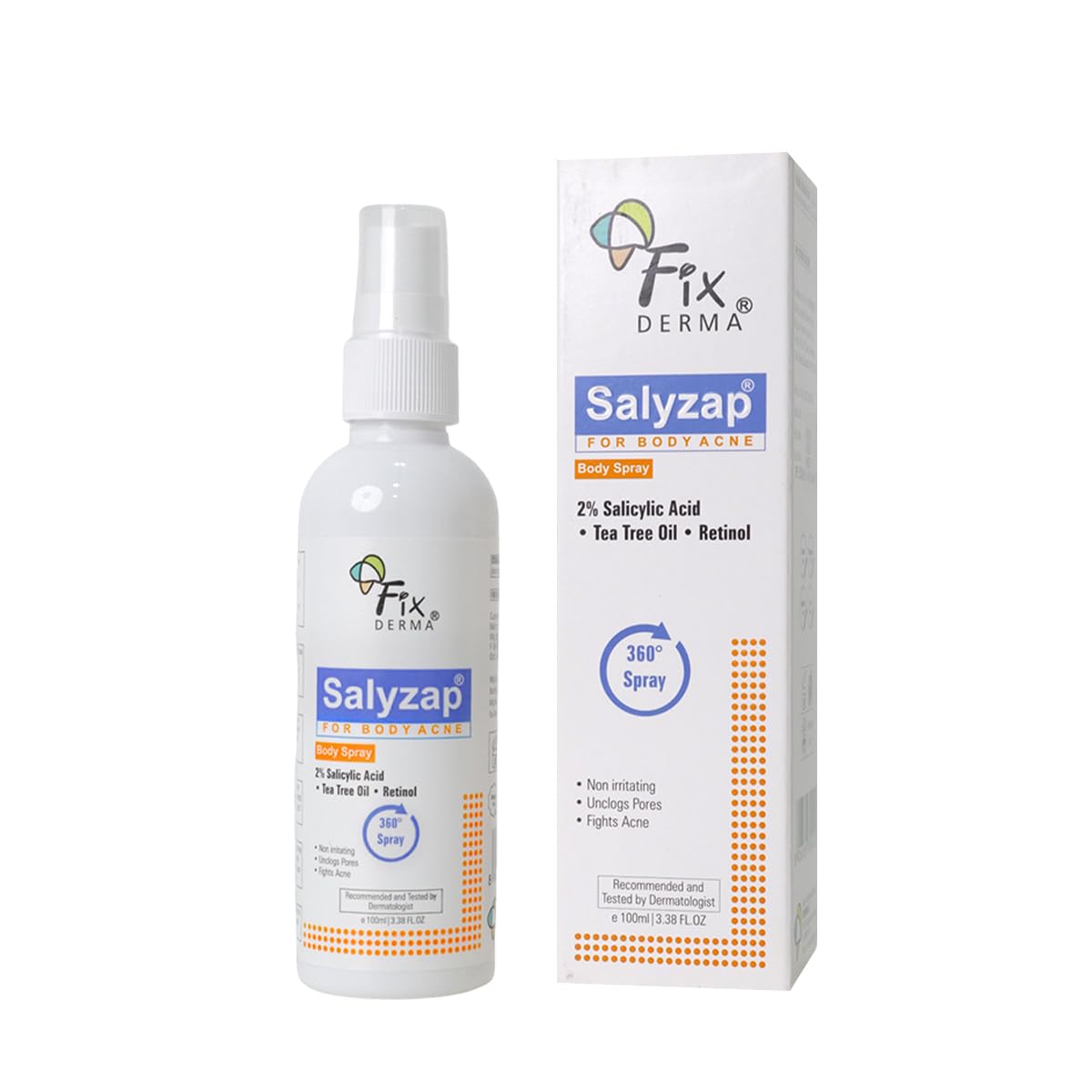 Fixderma 2% Salicylic Acid Salyzap Body Acne Spray For Acne on Back, Shoulders, Neck & Chest to improve Breakouts & Uneven skin texture for Women & Men - 100ml