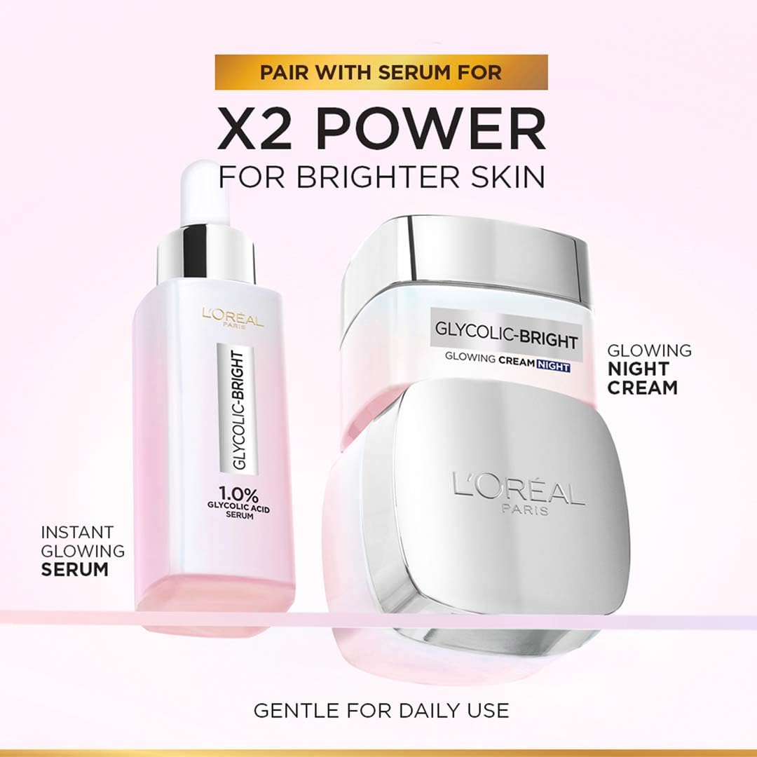 L'Oreal Paris Glycolic Bright Glowing Night Cream, Overnight Brightening Cream, Glycolic Acid in Gel-Like Cream Texture, that Visbily Minimizes Spots & Reveals Glowing skin, 15ml