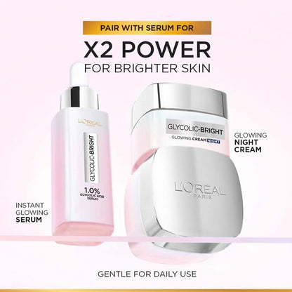 L'Oreal Paris Glycolic Bright Glowing Night Cream, Overnight Brightening Cream, Glycolic Acid in Gel-Like Cream Texture, that Visbily Minimizes Spots & Reveals Glowing skin, 15ml