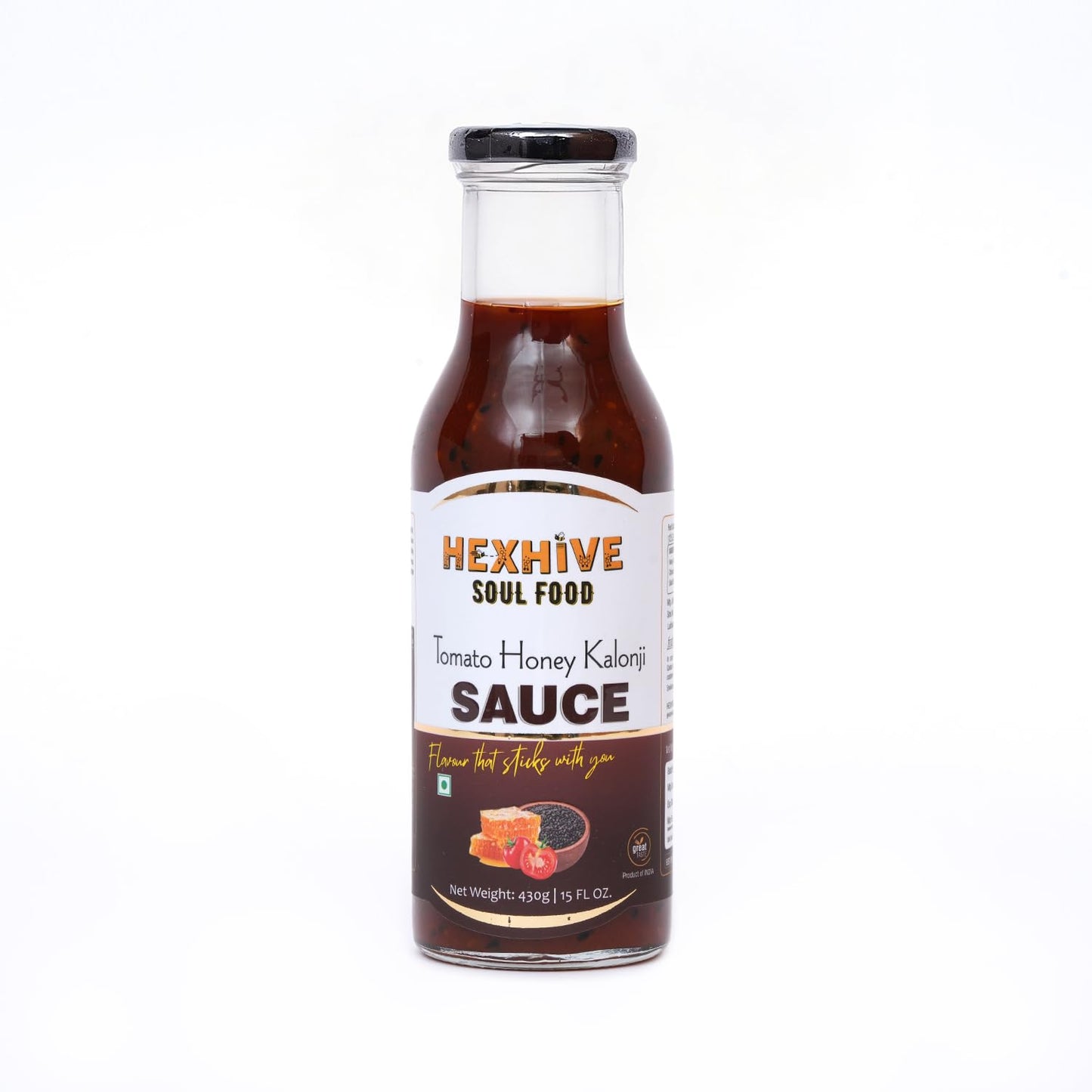 Hexhive Tomato Kalonji Honey Sauce | Tangy Tomato Spread with Raw Honey & Nigella Seeds | No Refined Sugar | Healthy Ketchup Alternative | Dip for Snacks, Parathas, Sandwiches, Fries | 430g