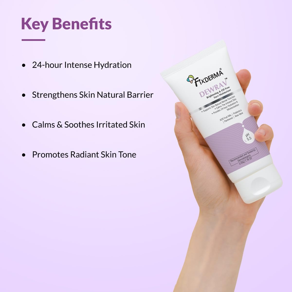 Fixderma Dewrav Brightening & Oil-Free Face Moisturizer with Panthenol & ACB Fruit Mix | 24-Hour Hydration | Dermatologist Recommended for Women & Men - 50g