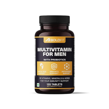 Boldfit Best Multivitamin Tablet For Men, Multi vitamin Tablet For Men with Probiotics, Vitamin C, E, B12, B6, Zinc & Grape Extract For Immunity & Energy Multivitamin Supplement- 120 Veg Tablets
