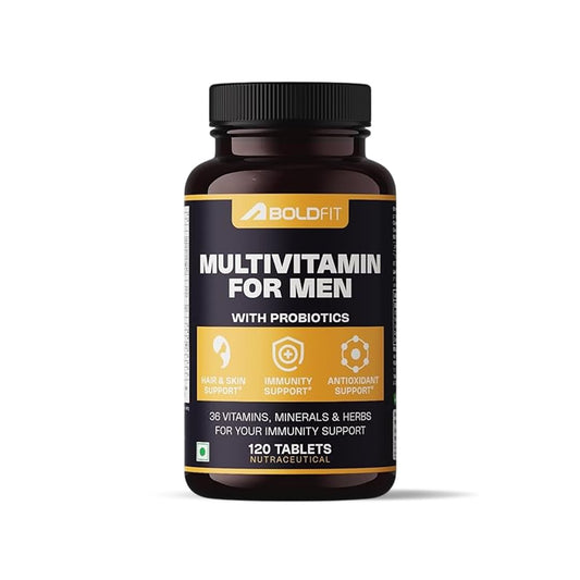Boldfit Best Multivitamin Tablet For Men, Multi vitamin Tablet For Men with Probiotics, Vitamin C, E, B12, B6, Zinc & Grape Extract For Immunity & Energy Multivitamin Supplement- 120 Veg Tablets