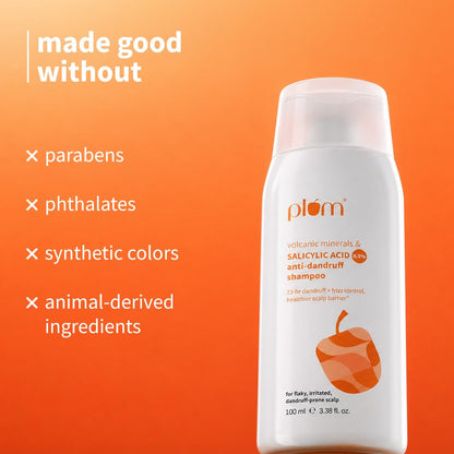 Plum Anti-Dandruff Shampoo With Volcanic Minerals & 0.5% Salicylic Acid | 72-Hr Dandruff & Frizz Control|Maintains Healthy Scalp Barrier | Gently Exfoliates & Clarifies | Prevents Rough,Dry Hair 100ml