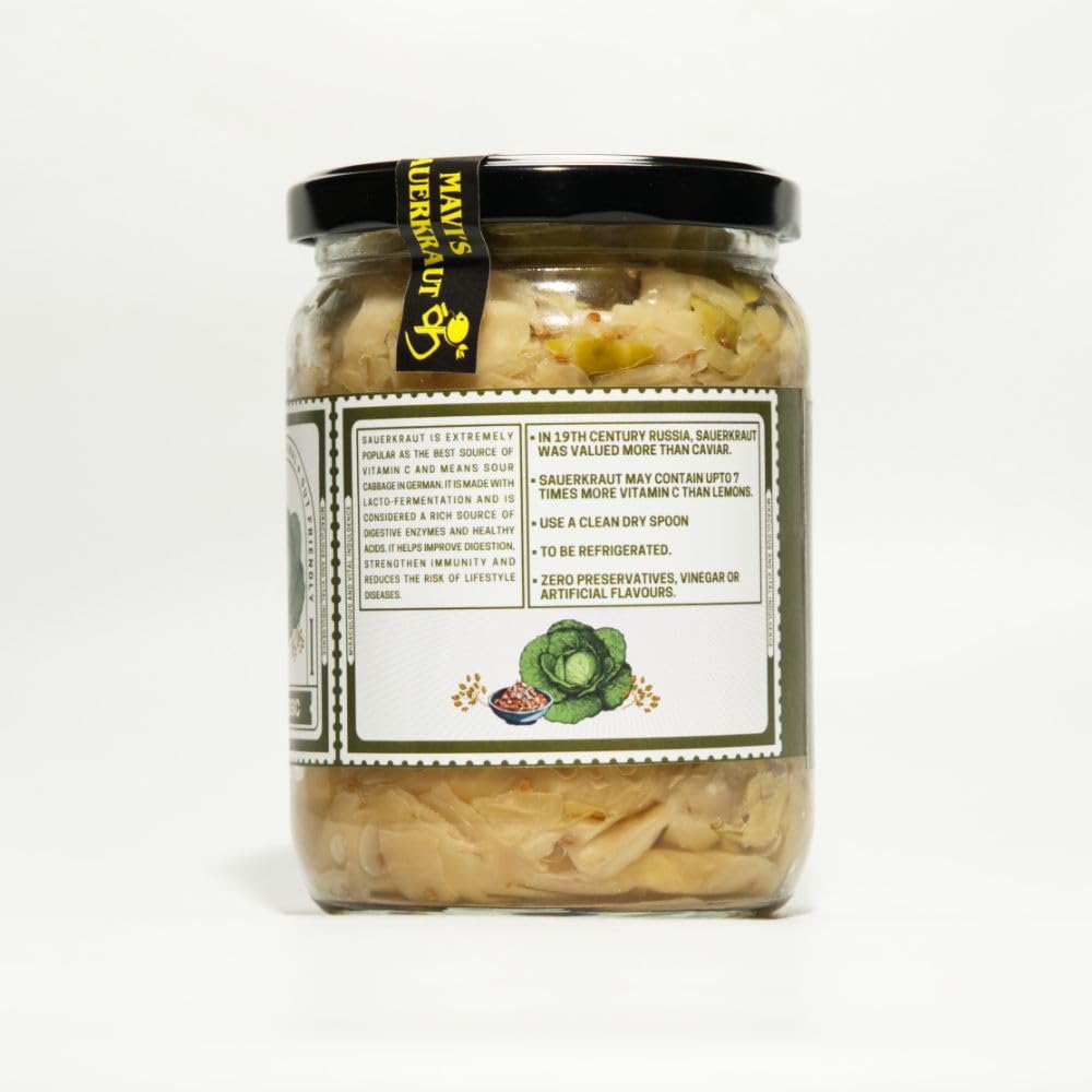 MAVI's Classic Sauerkraut| Organic Cabbage & Ajwain seeds | Gut friendly | 100% Natural & Vegan | No Preservatives | No Artificial Flavour or Colour | 500g (Pack of 1)