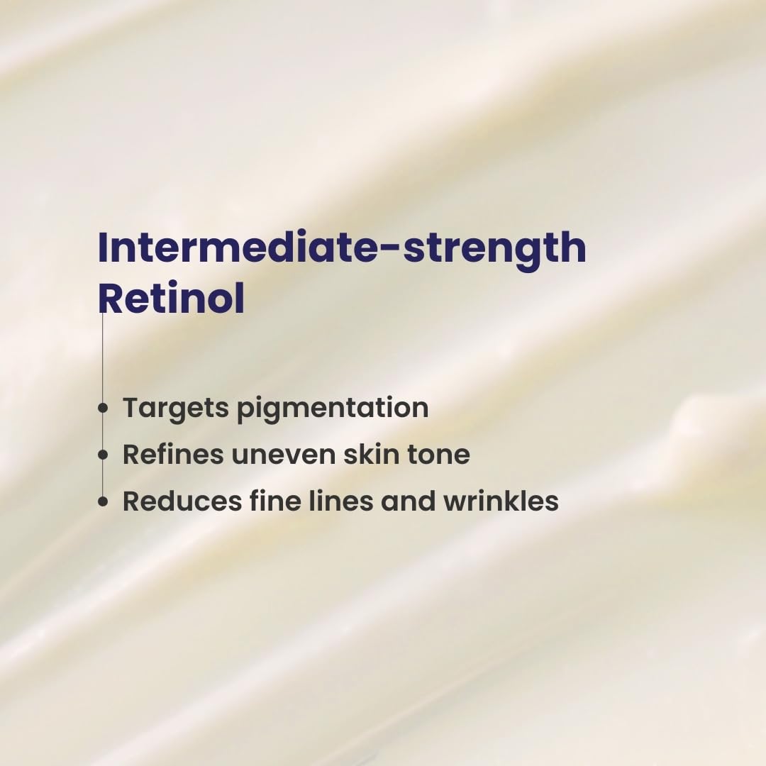 Text describing the benefits of intermediate-strength Retinol on a beige background