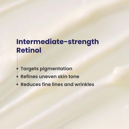 Text describing the benefits of intermediate-strength Retinol on a beige background