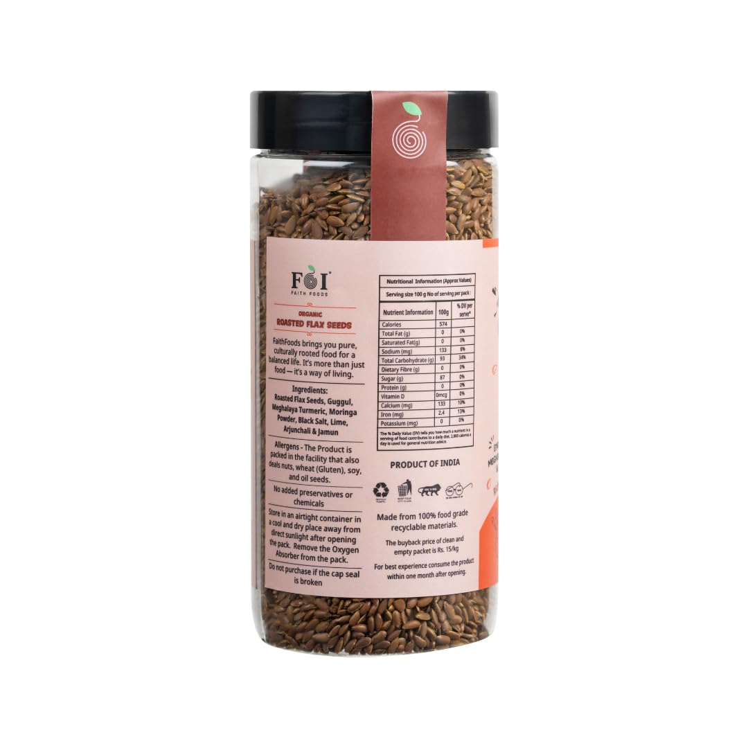 FaithFoods 100% Organic Roasted Flax Seeds 200g | Alsi Seeds | Enriched with Turmeric & Black Salt | Omega-3 Rich | High Fibre | Diabetic Friendly | Weight Management | Superfood Snack