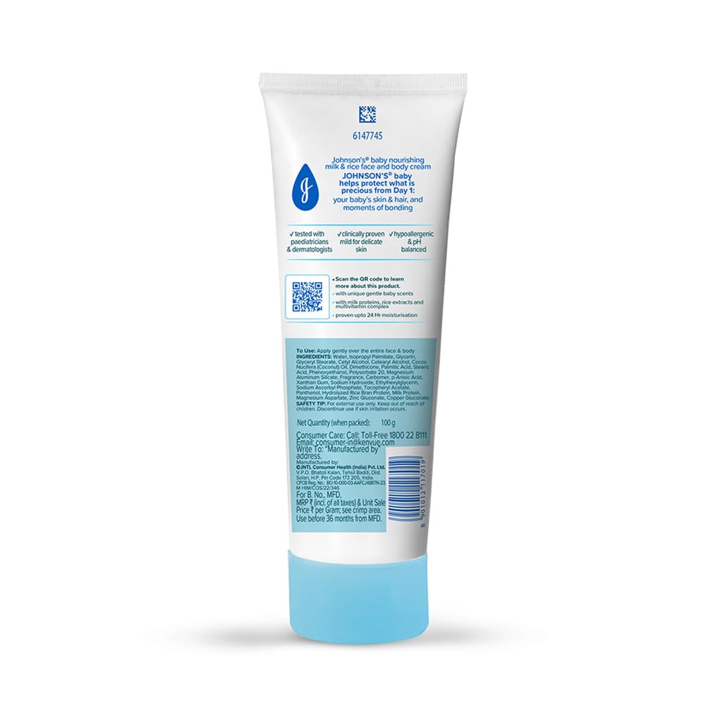 Johnson's Baby Milk & Rice Cream for Summer 100g | Lightweight Moisturizer | With Milk Protein & Vitamin E | Soft & Smooth Skin | Hypoallergenic | For Dry & Sensitive Baby Skin