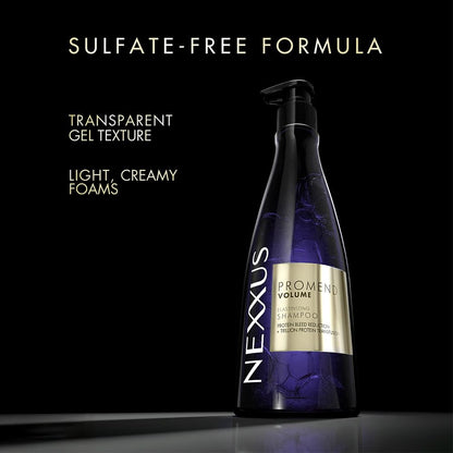 Nexxus shampoo bottle with product features on a black background