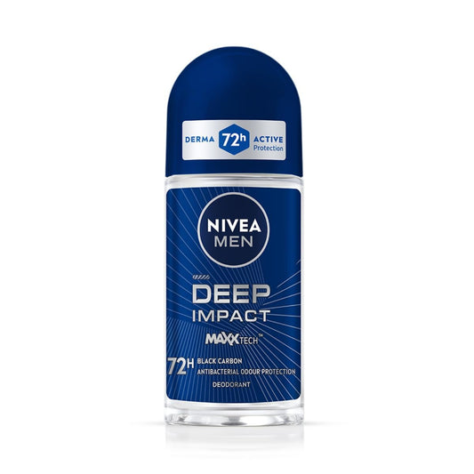 NIVEA MEN Deep Impact Freshness Deodorant Underarm Roll-on | 72 H Long Lasting Freshness | Infused with Black Carbon to fight bacteria and body odour | Woody masculine fragrance | 0% Alcohol | Dermatologically Approved & Paraben Free Formula | 50ml
