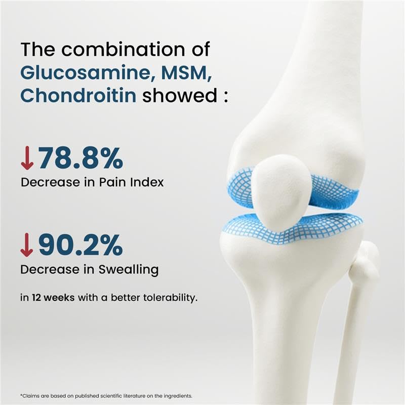 Neuherbs Glucosamine Plus 1500mg - 60 Tablets| Glucosamine Chondroitin MSM with Hyaluronic Acid, Vitamin C & K2-7 | Helps Joint Pain Relief, Cartilage Repair, Knee Support & Mobility