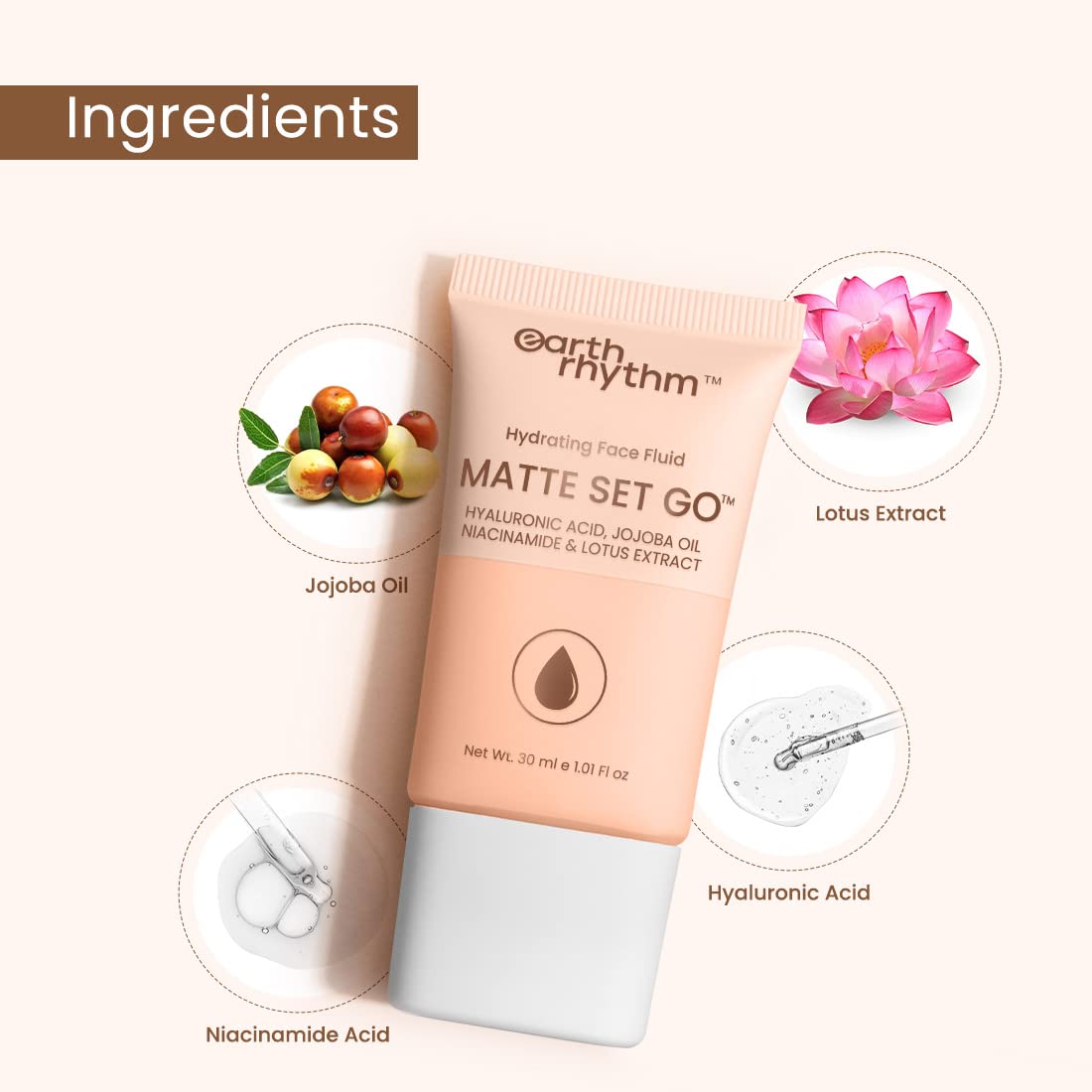 Earth Rhythm Matte Set Go Foundation with SPF 30, Pa++++ | Hyaluronic Acid, Niacinamide Acid, Jojoba Oil & Lotus Extract | Smooth Finish, Sun Protect & super Hydrating | Tan Tawny – 30ml