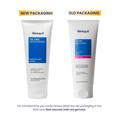 Two tubes of Re'equil oil-free moisturizer, one with new packaging and one with old packaging, on a white background.