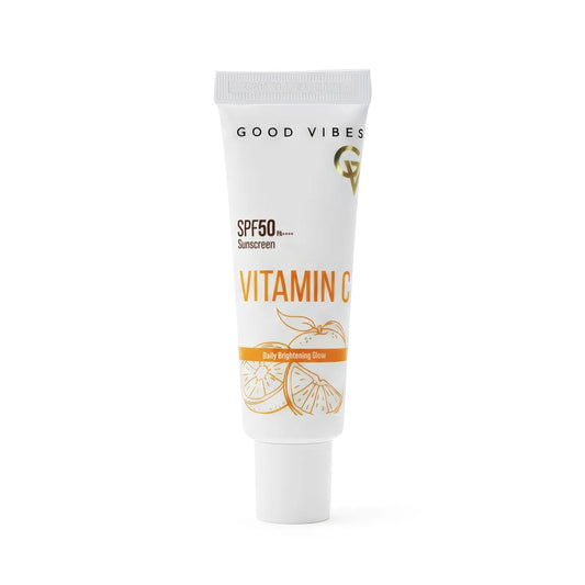 Good Vibes Vitamin C SPF 50 PA++++ Sunscreen | Brightening & Hydrating | 3% Niacinamide + Hyaluronic Acid | No White Cast, Lightweight & Non-Sticky | Daily Glow Sun Protection For All Skin Types – 50 gm