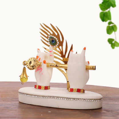 Resin Radha Krishna Idol Hands with Golden Flute & Peacock Feather | for Table, Home D�cor Item