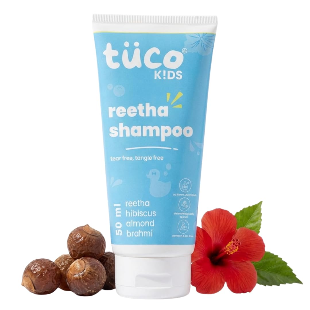 Tuco® Kids Shampoo 50 ml With Hibiscus, Soapnut, Almond | Mild, Conditioning & Nourishing | All Type Hair | Ages 2-5, 4-10, 10-15, 5-10 Years | Paraben, SLS, Sulphate & Tear Free | pH 5.5, Vegan