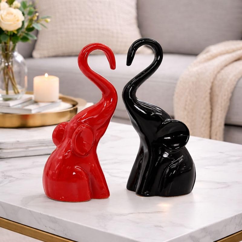 CraftVatika Home Décor Elephant Couple Showpiece Statue for Good Luck Fengshui, Decorative Items Figurine for Home Decoration Living Room Bedroom Housewarming Wedding Gift (Set of 2, Red & Black)
