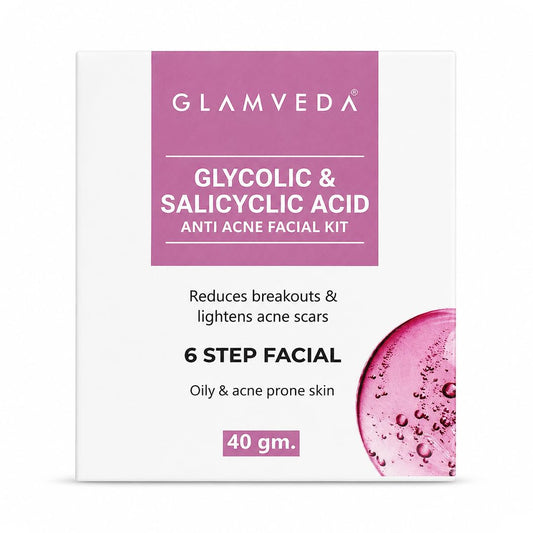 Glamveda Glycolic & Salicylic Anti Acne Facial Kit | Pimple Care & Brightening Facial Kit For Women| No Paraben, SLS | 40gm