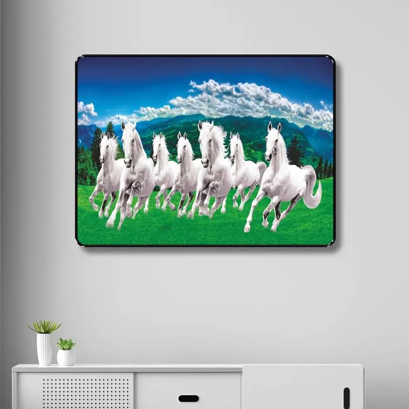 7 Running White Horses Wall Art – Black Frame Sunset Landscape Painting for Home & Office – Vastu-Inspired MDF Board Décor for Positive Energy & Success – 11 x 14 Inch