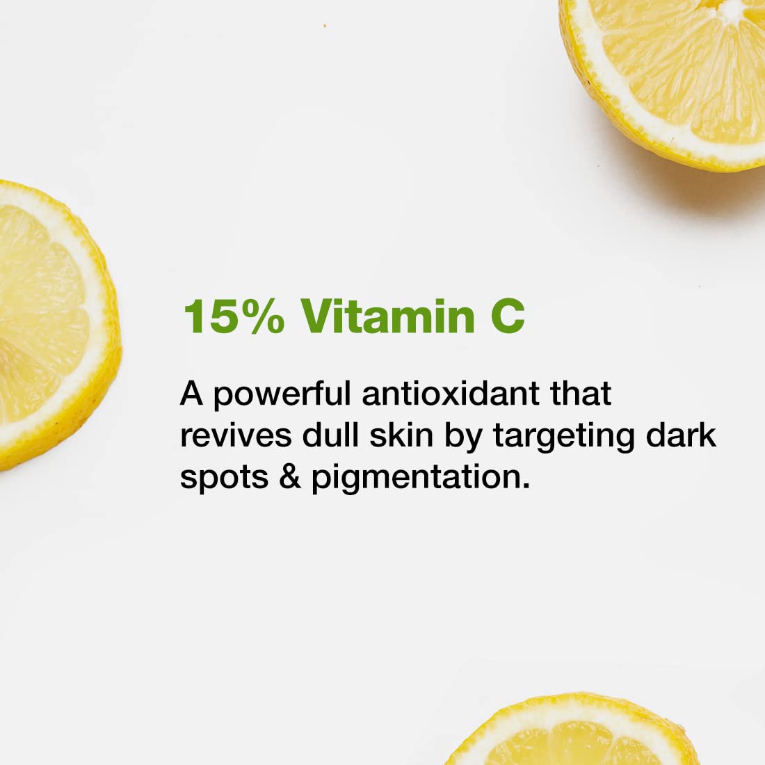 Sliced lemons with text about 15% Vitamin C and its benefits on a white background