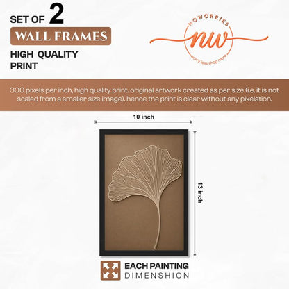 Ginkgo Leaf Wall Painting Set of 2 with Frame | Minimal Brown Beige Botanical & Abstract Line Texture Artwork, Modern Neutral Wall Decor for Living Room, Bedroom, Office and Home Decoration (Art-11, 10x13inch)
