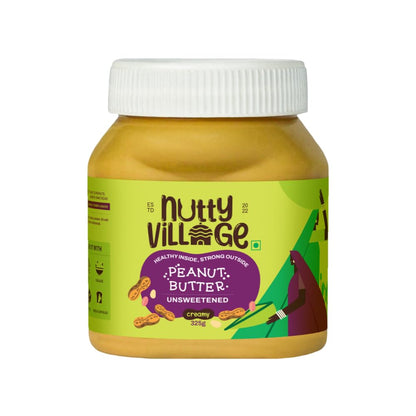 Nutty Village Natural Unsweetened Peanut Butter Creamy with 31.08g Protein - No Added Sugar and Salt - No Palm Oil - Vegan and Gluten free - 325g Peanut Butter