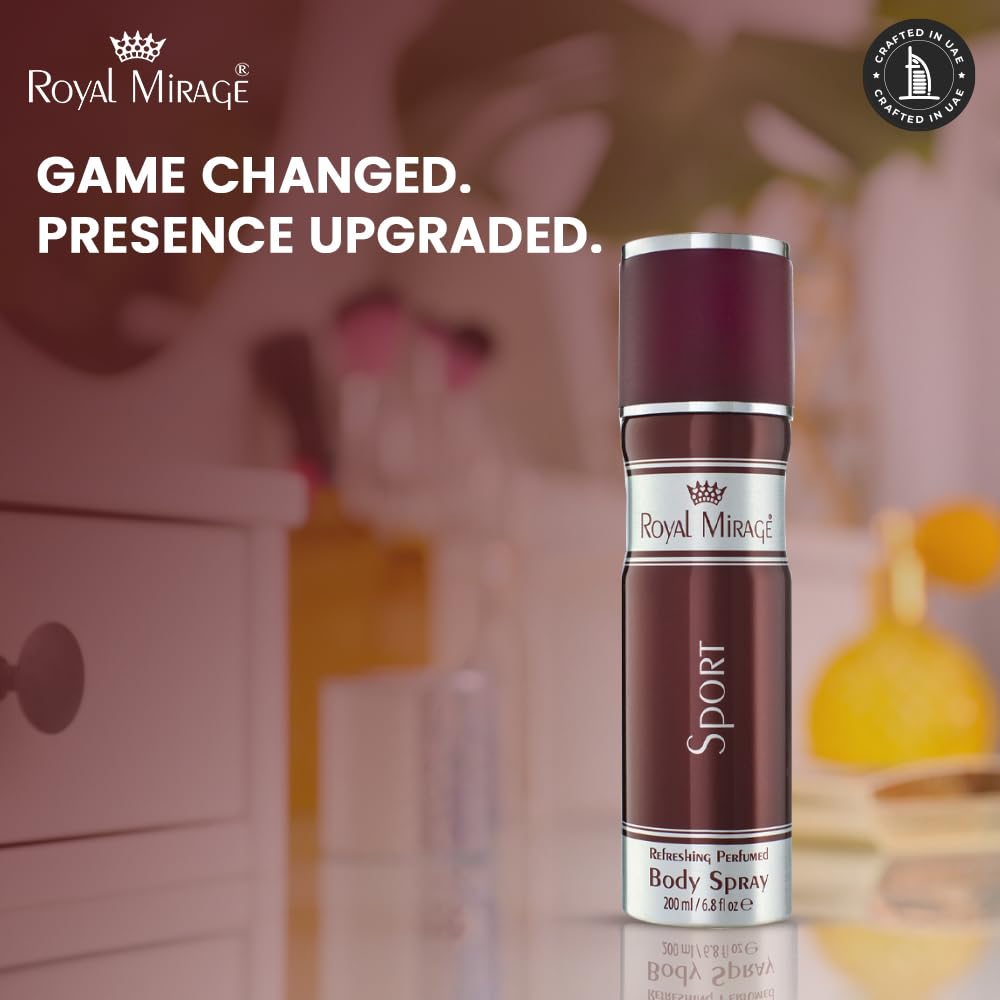 Royal Mirage Sport body spray bottle with blurred background