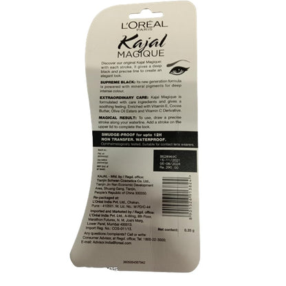 L'Oréal Paris Kajal, Waterproof Eyeliner, 14 Hours of Smudge-Proof Wear, With Vitamin E, Cocoa Butter, Olive Oil Esters and Vitamin C, Magique, Colour: Supreme Black. 0.35g