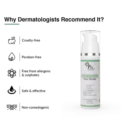 Fixderma 5% Cica Extract Repair & Restore Face Serum for Sensitive Skin | Aloevera Face Serum | Cica Glow Face Serum with Omega Plus | Face Serum for Men & Women - 30gm