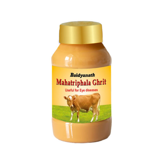 Bottle of Baidyanath Mahatriphala Ghrit with a cow illustration on a white background