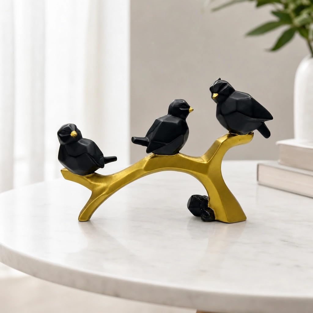 Charming Birds Sculpture Showpiece for Home & Office Décor | Modern Nature-Inspired Figurine for Living Room, Study Table, Shelf & Console Styling - Black and Gold