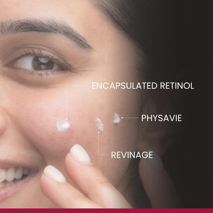 Close-up of a woman applying cream to her face with product names labeled.