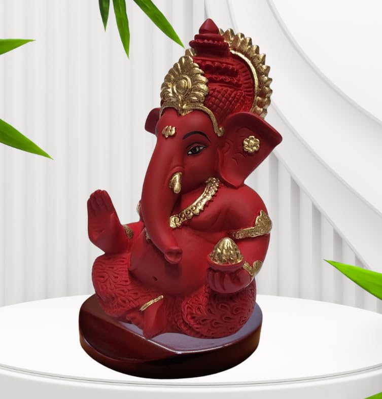 Handcrafted Poly Resin Ganesha Statue with Base - Perfect for Car Dashboard, Office Desk, Shelves, and Home Decor - Ideal Housewarming Gift! (MaroonRed)