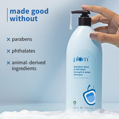 Plum Coconut Milk & Peptides Shampoo for Dry & Frizzy Hair | Provides 22X Shiny & Softer | Paraben-Free | Hair Shampoo for Women & Men | for Straight, Wavy & Rough Hair | pH Balanced | 500ml