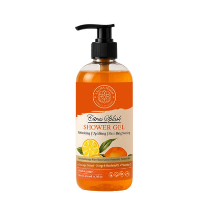 Bottle of Citrus Splash shower gel on a white background