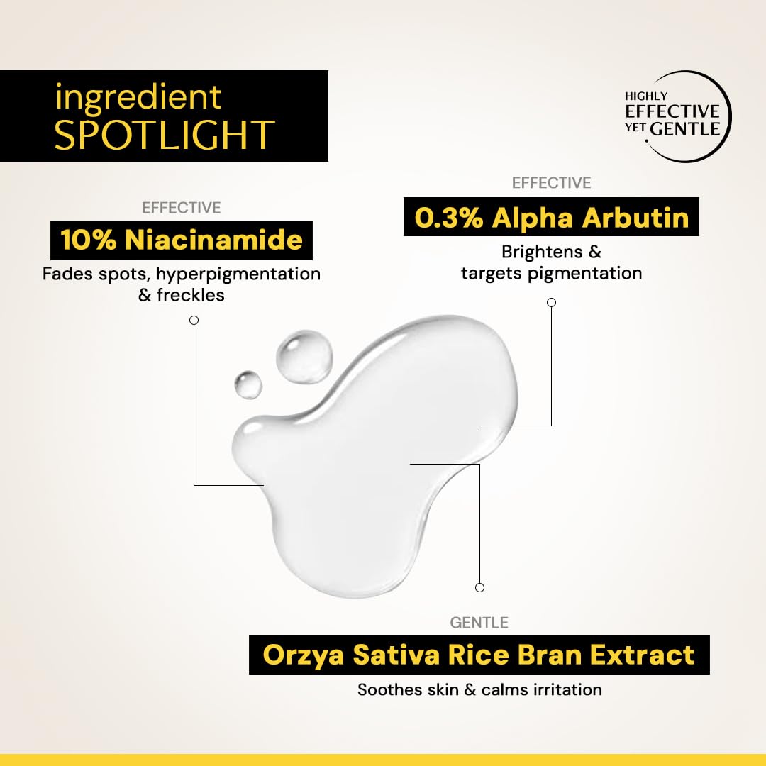Product ingredient spotlight with 10% Niacinamide, 0.3% Alpha Arbutin, and Orzya Sativa Rice Bran Extract on a white background.