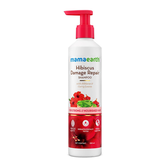 Mamaearth Hibiscus Damage Repair Shampoo With Curry Leaves for Strong & Nourished Hair - 250ml | For Dry & Frizzy, Smoother, Shinier Hair | Suitable for All Types
