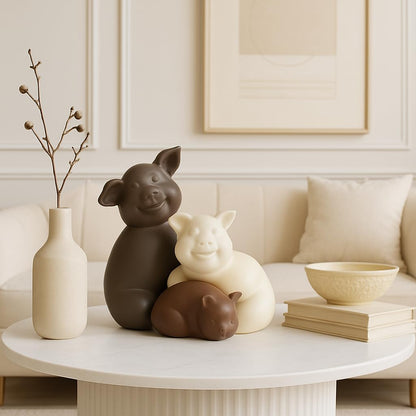 Home Décor Teddy Piggy Family Matte Finish Ceramic Figurines - (Set of 3, Matte Brown)