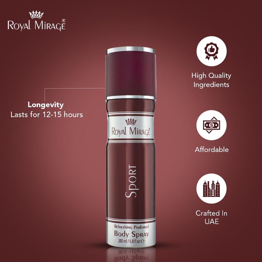 Royal Mirage body spray bottle with features on a red background