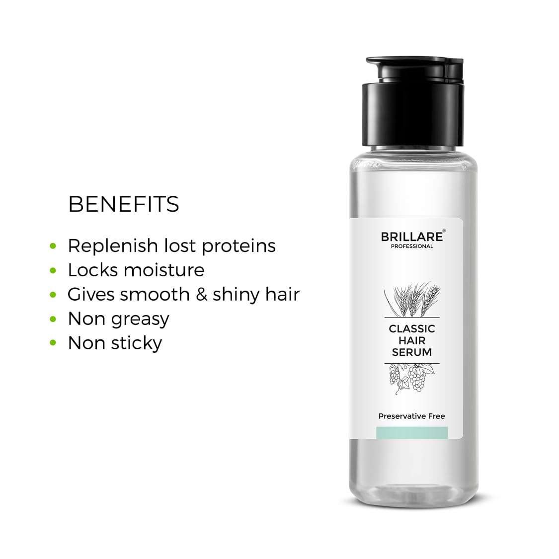 BRILLARE Classic Hair Serum with Grape Seed & Wheat Germ Oil for Smooth, Shiny Hair | Non-Sticky, Non-Greasy Formula | Hair Serum for Dry, Frizzy Hair