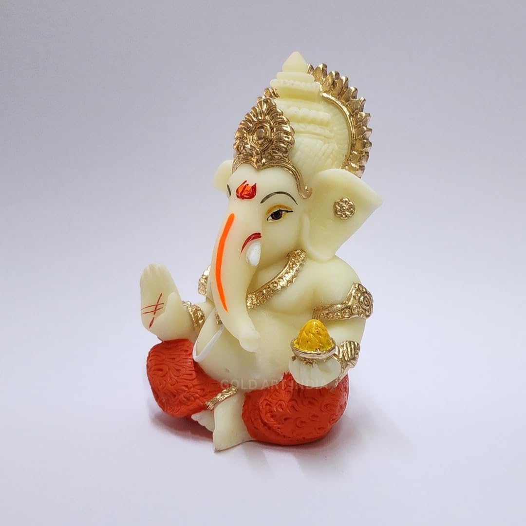 Gold Art India Resin Lord Ganesha Idol for Car Dashboard, Home, Office | Ganpati Statue for Mandir Decor | Handcrafted Ganesh Murti (Red & Ivory)