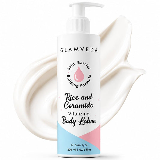 Glamveda Rice & Ceramide Glass Skin Body Lotion Moisturizer 200ml | 24Hr Hydrating Deep Nourishment Moisture for Dry Skin | Non Greasy, Lightweight | For Glowing, Soft, Radiant & Repair Skin Barrier
